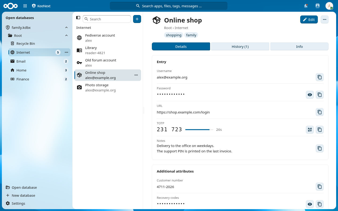 KeeNext showing an entry with username, password, one-time code and notes, with tabs for details, history and info, next to the group tree and the entry list