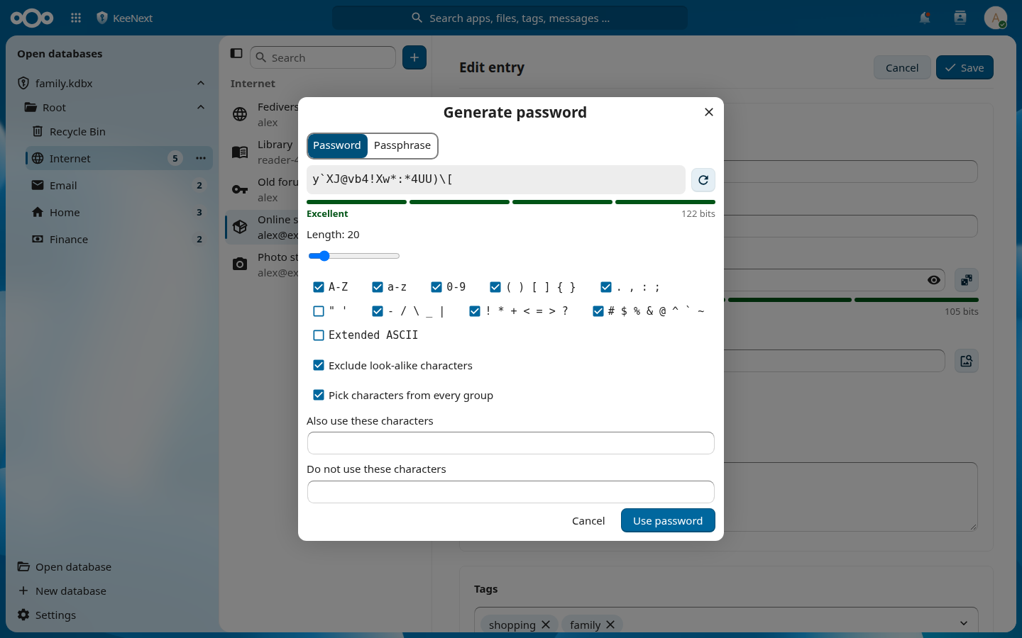 The password generator dialog with a generated password, a strength meter, a length slider and character groups