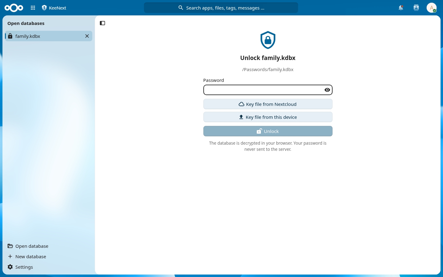 The unlock screen with a password field, buttons for a key file from Nextcloud or from this device, and the note that the password is never sent to the server